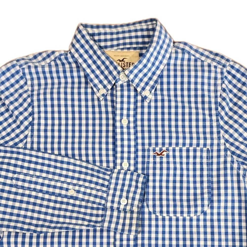 Hollister Button Down Shirt Mens Medium Slim Fit Blue White‎ Check Cotton Casual